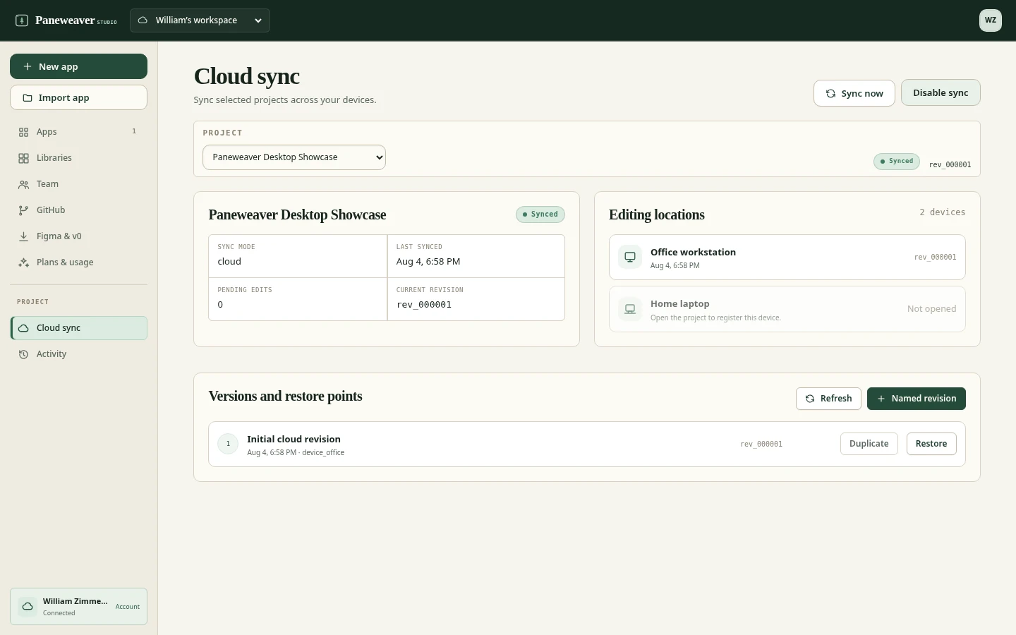 Cloud sync workspace