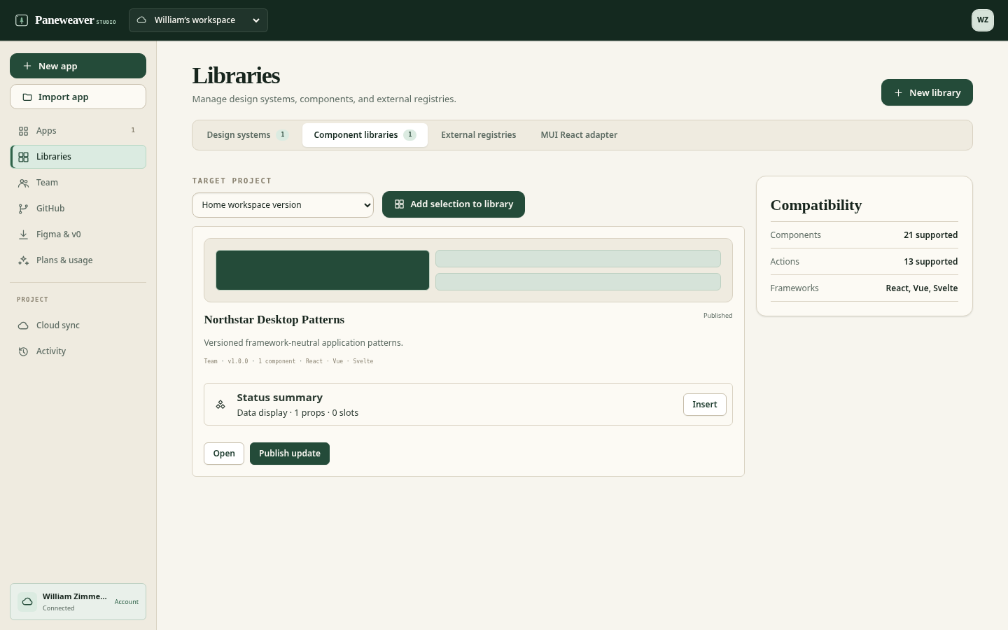 Paneweaver component library workspace