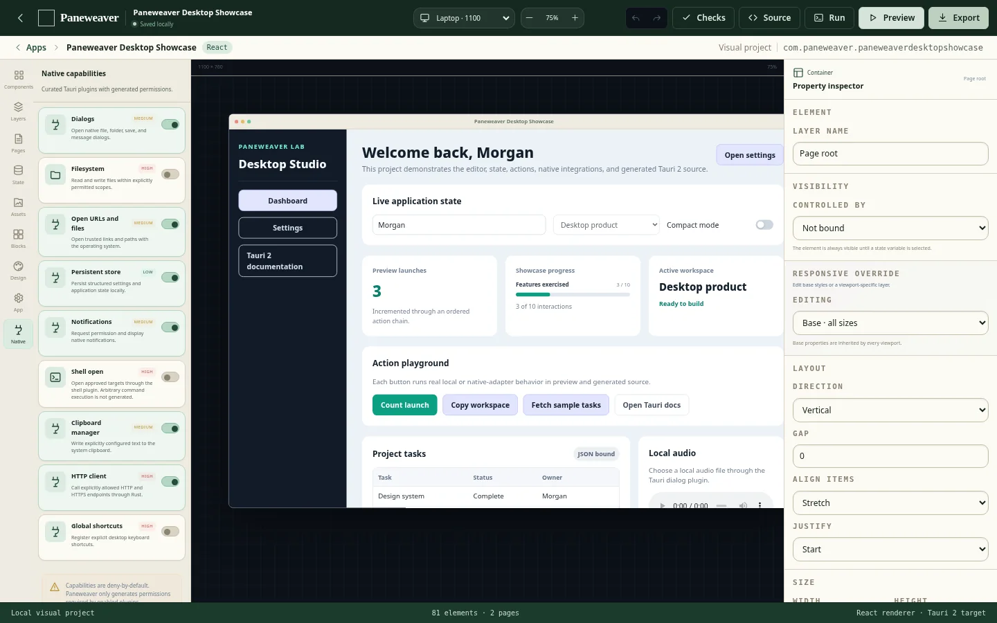 Paneweaver native capability catalog and permission controls