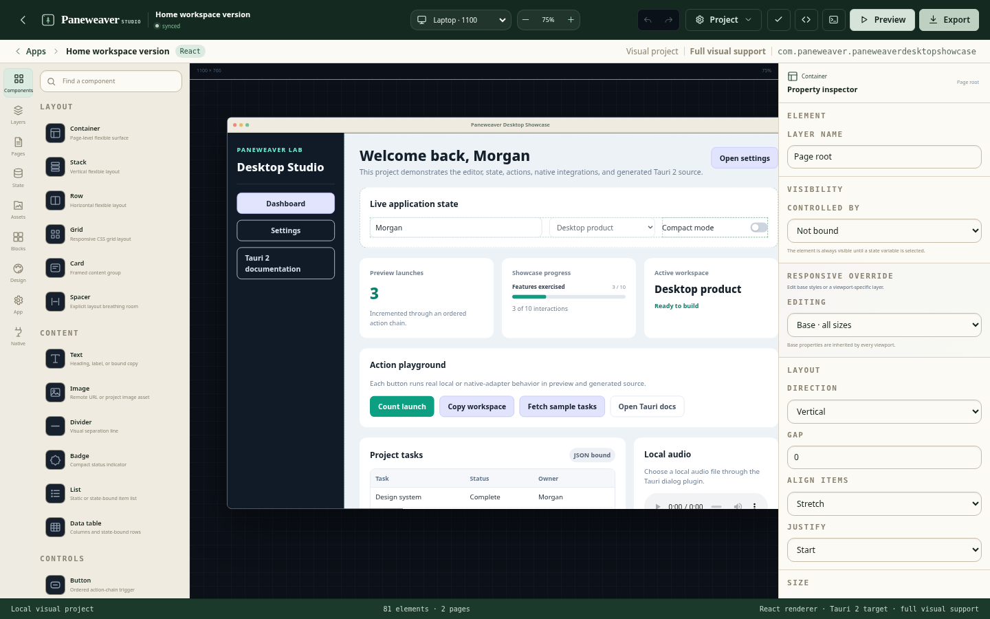 The running Paneweaver Studio editor with component palette, canvas, property inspector, and Paneweaver icon