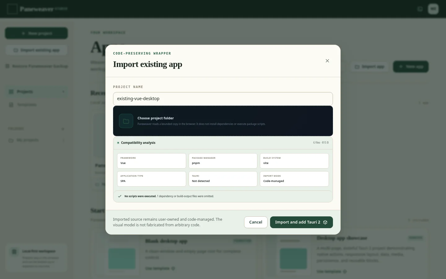 Paneweaver import analysis for an existing Vue application