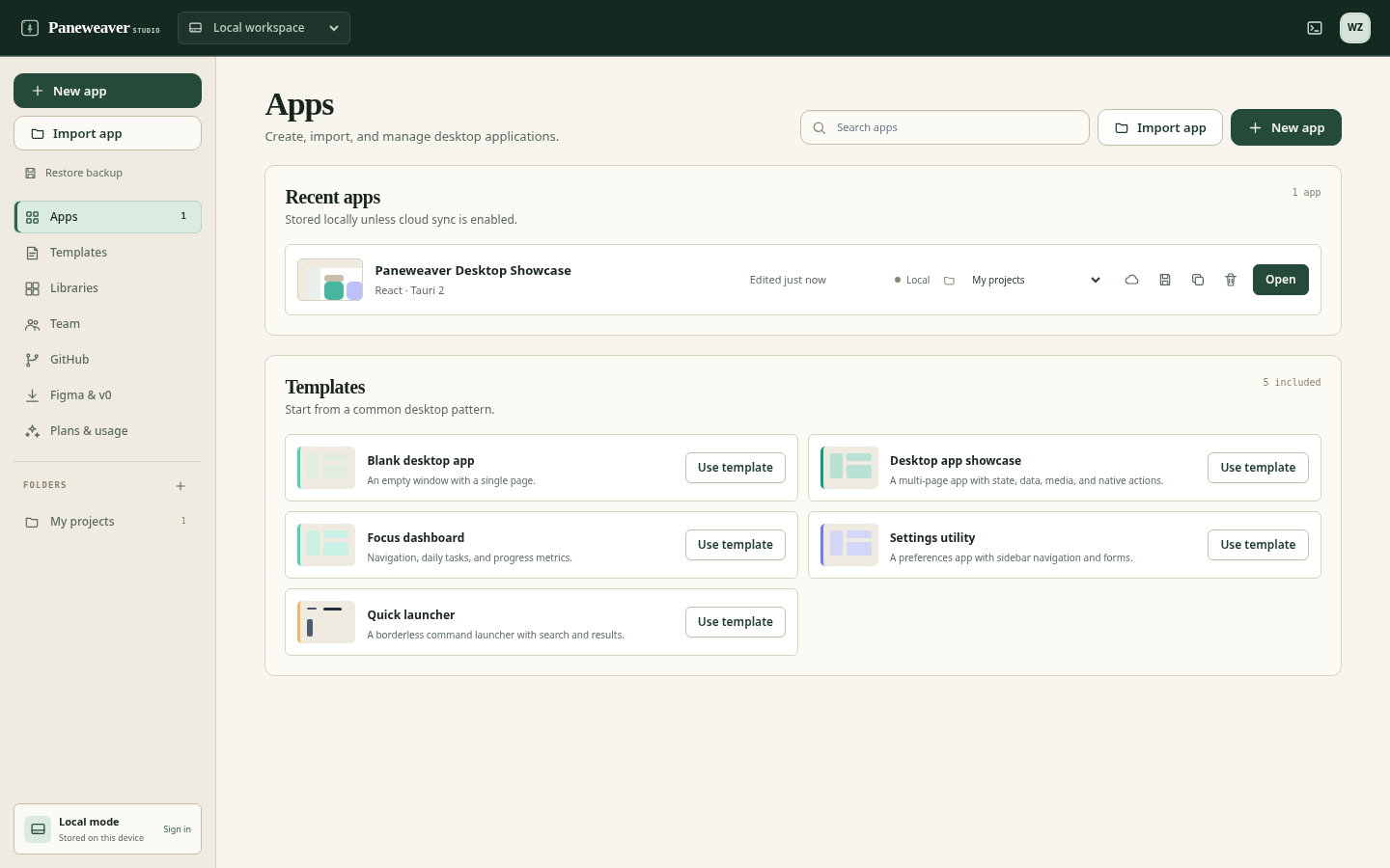 Paneweaver project library and workspace