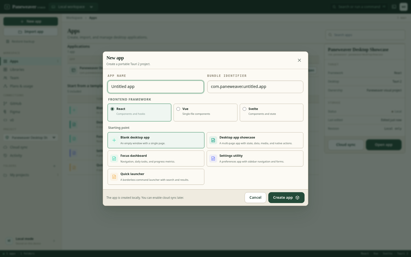 Paneweaver new application dialog with framework and template choices