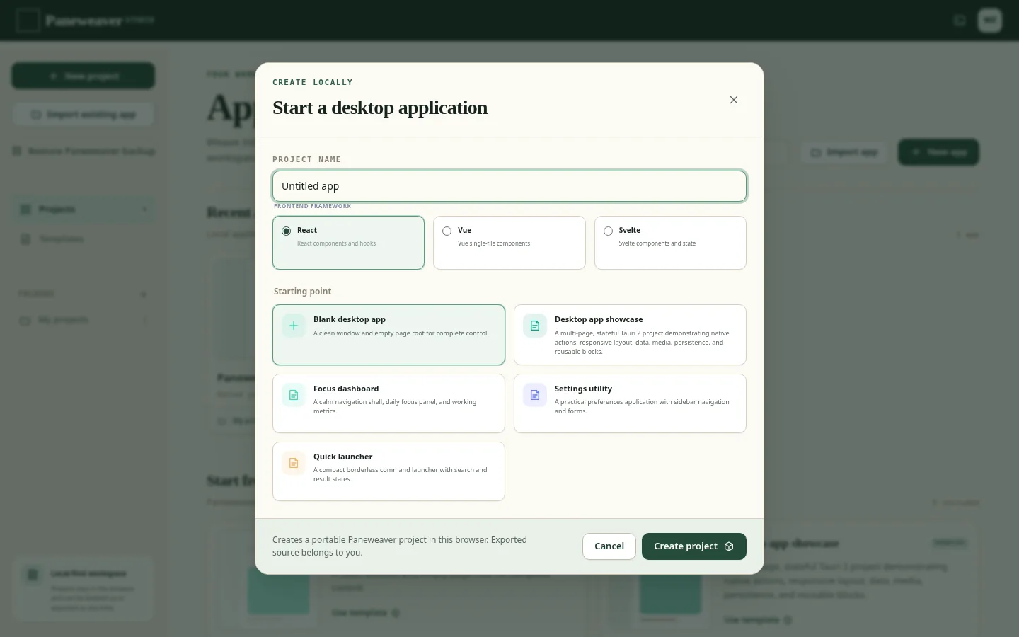 Paneweaver new application dialog with React, Vue, and Svelte framework choices