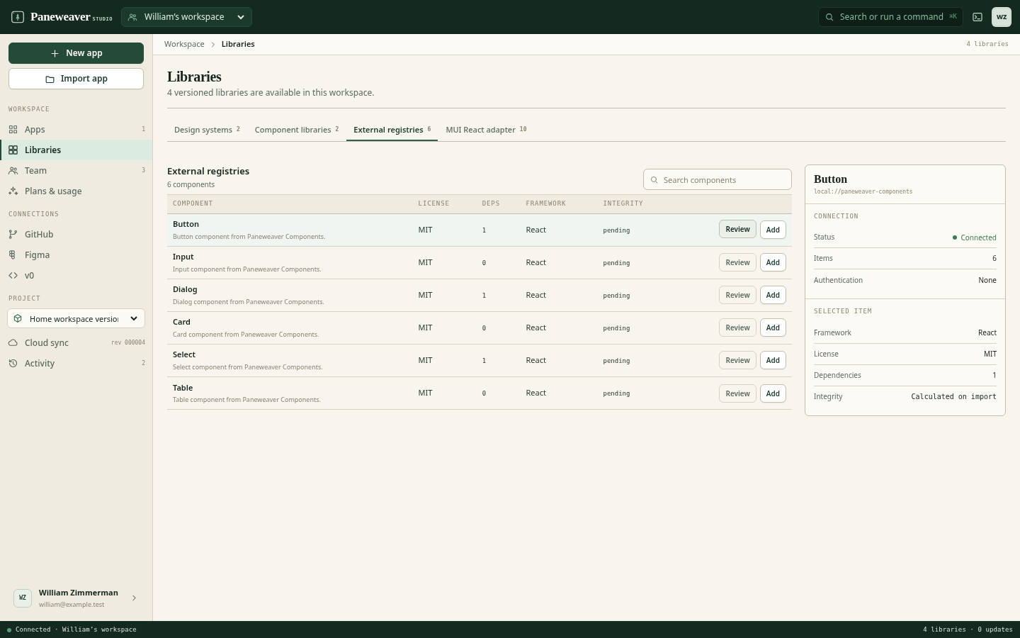 Paneweaver workspace showing reusable integrations for a file utility