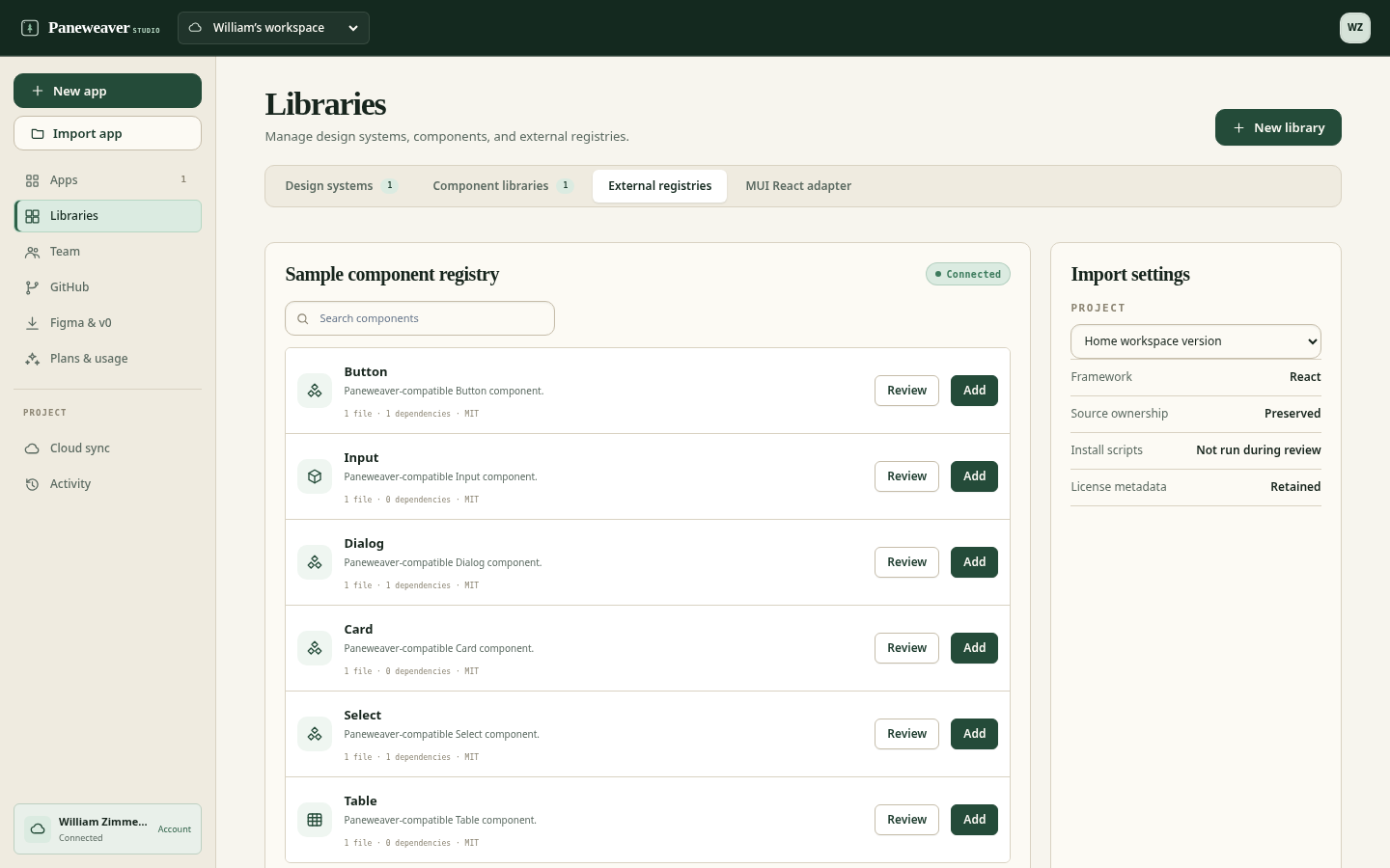 Paneweaver workspace showing reusable integrations for a file utility
