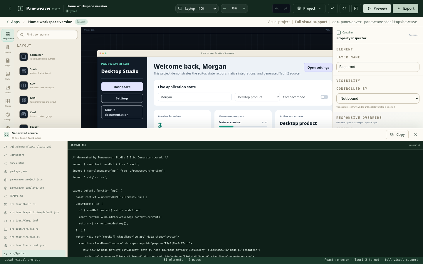 Paneweaver generated source browser showing the full application project