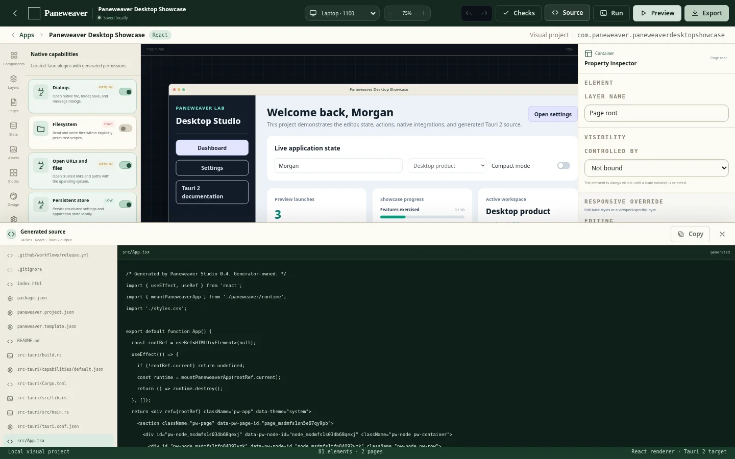 Paneweaver generated source drawer with file tree and TypeScript source